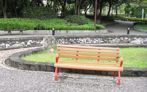 Pictures of an unoccupied bench.